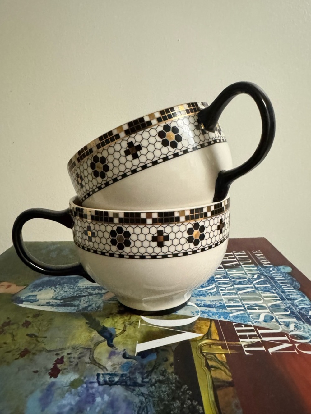 Anthropologie Set of 2 Bistro Tile Teacups 24k Gold Accent